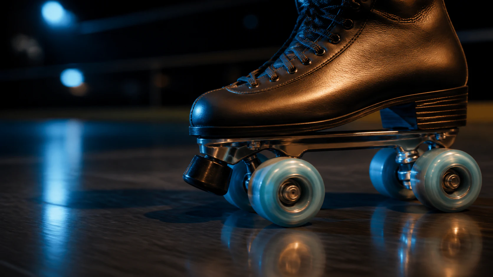 An artistic roller skate on a rink surface